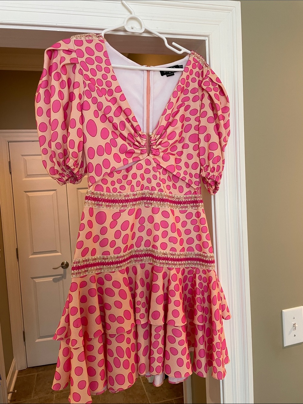 PatBO Pink Polka-Dot Ruched V-Neck Mini Dress